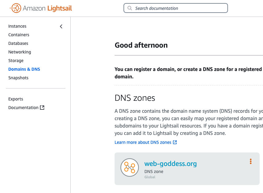 Lightsail console DNS zone